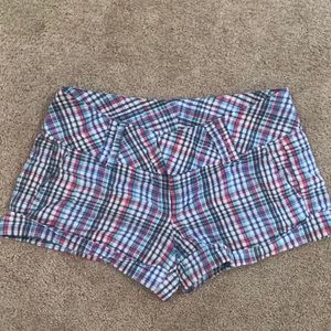 Pink, blue, and white plaid shorts